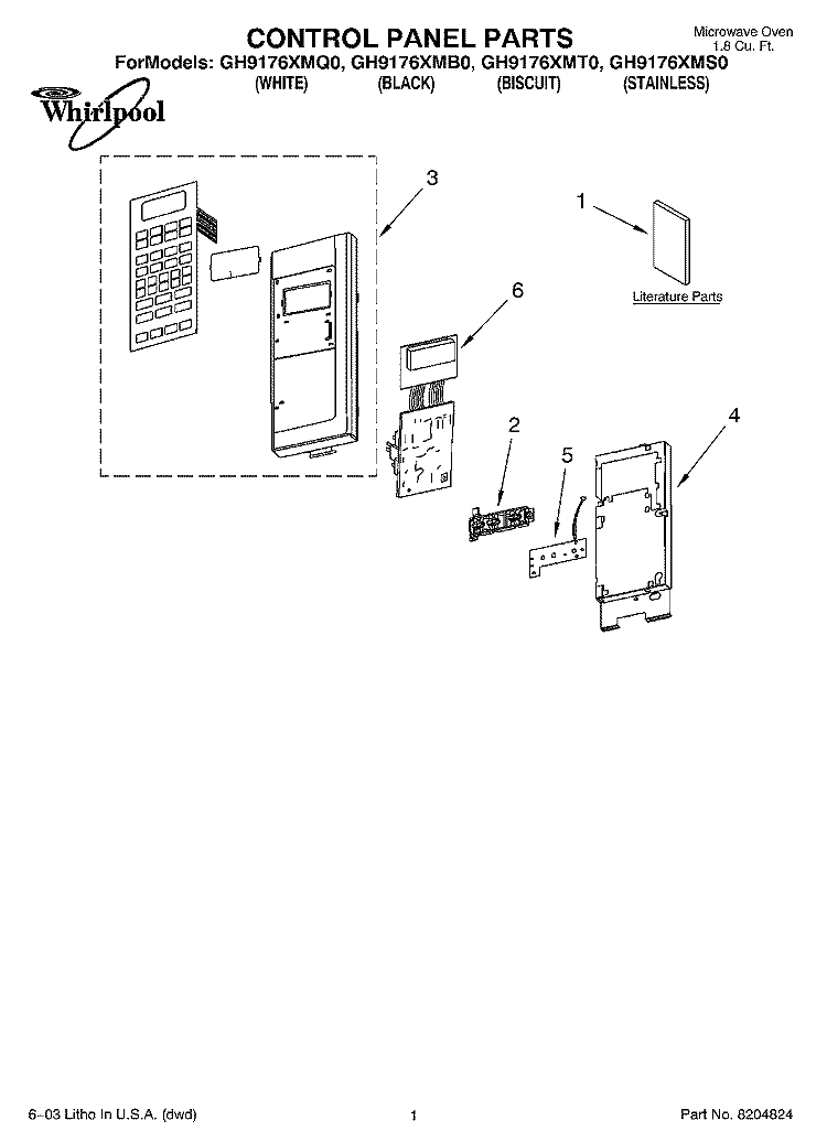CONTROL PANEL PARTS Diagram and Parts List for GH9176XMS0  Whirlpool Microwave