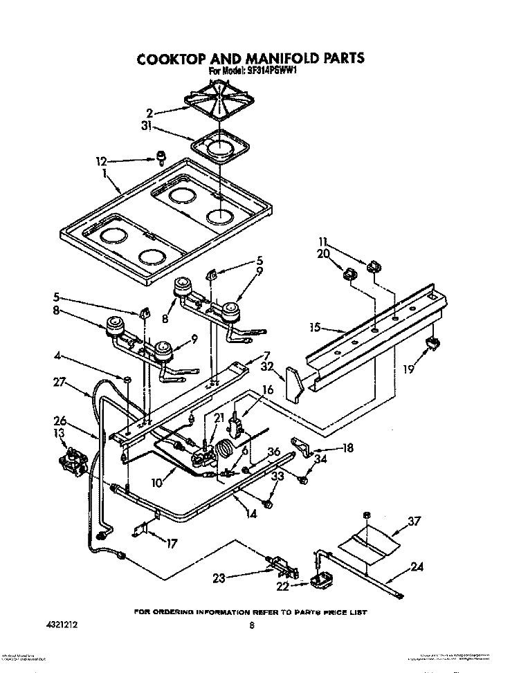 COOKTOP AND MANIFOLD, LIT/OPTIONAL Diagram and Parts List for SF314PSWW1  Whirlpool Range