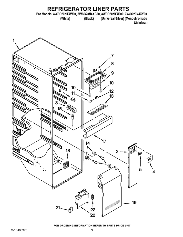 REFRIGERATOR LINER PARTS Diagram and Parts List for 3WSC20N4XB00  Whirlpool Refrigerator