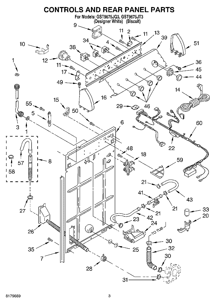 CONTROLS AND REAR PANEL Diagram and Parts List for GST9675JQ3  Whirlpool Washer