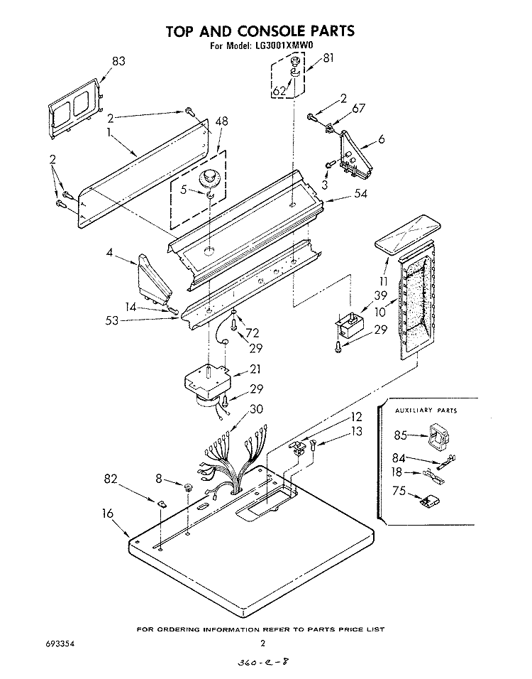 TOP AND CONSOLE , LITERATURE AND OPTIONAL Diagram and Parts List for LG3001XMW0  Whirlpool Dryer