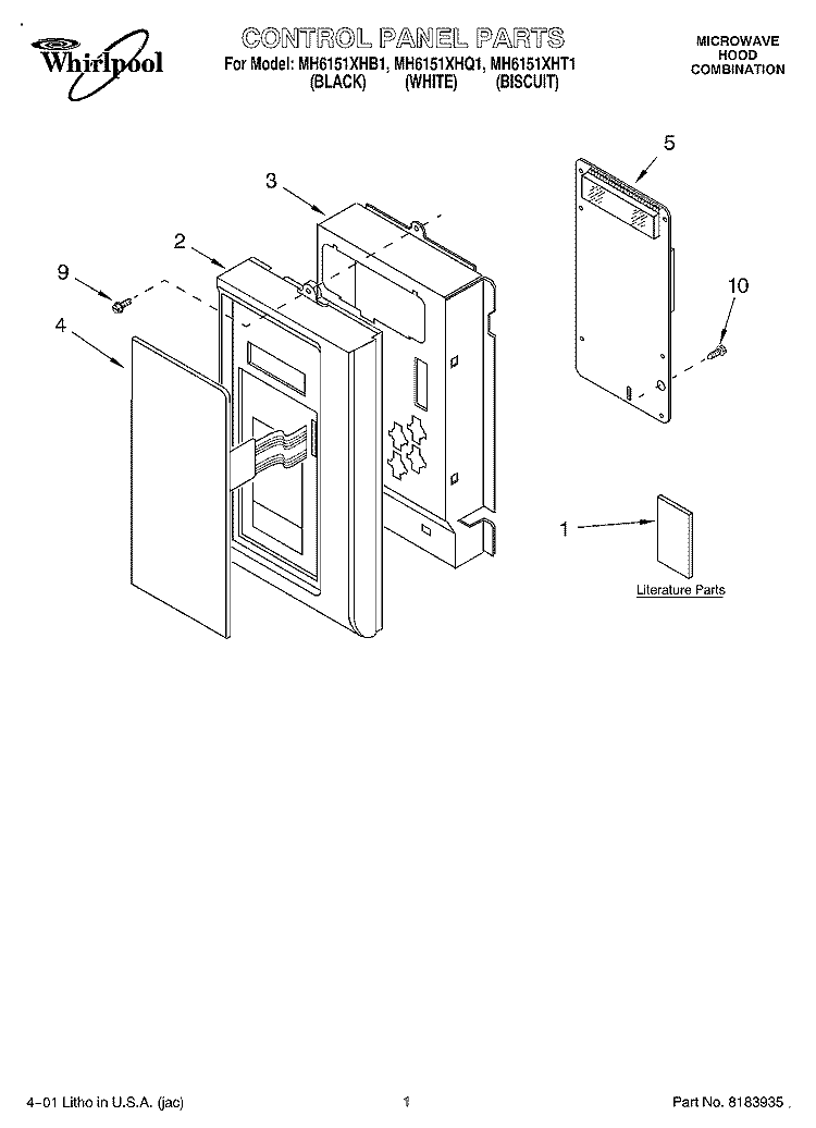CONTROL PANEL, LITERATURE Diagram and Parts List for MH6151XHQ1  Whirlpool Microwave