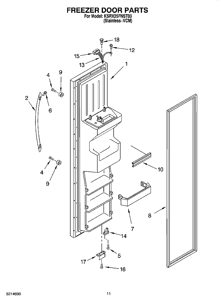 FREEZER DOOR PARTS Diagram and Parts List for KSRX25FNST03  KitchenAid Refrigerator