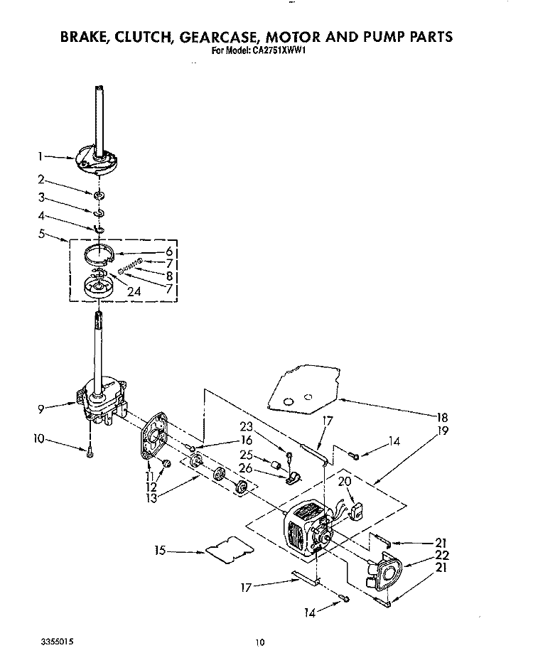 BRAKE, CLUTCH, GEARCASE, MOTOR AND PUMP Diagram and Parts List for CA2751XWW1  Whirlpool Washer