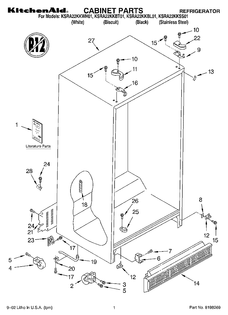 CABINET, LITERATURE Diagram and Parts List for KSRA22KKWH01  KitchenAid Refrigerator