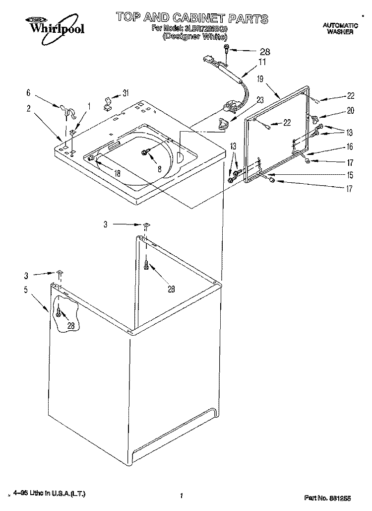 TOP AND CABINET, LIT/OPTIONAL Diagram and Parts List for 3LBR7255BQ0  Whirlpool Washer