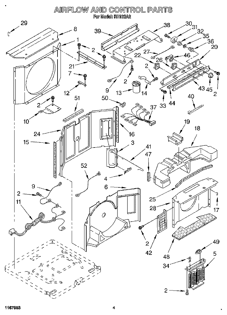 AIRFLOW AND CONTROL Diagram and Parts List for RH123A2  Whirlpool Air Conditioner