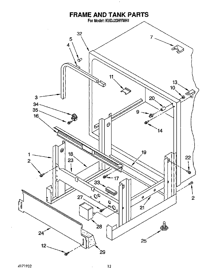 FRAME AND TANK Diagram and Parts List for KUDJ23HYWH1  KitchenAid Dishwasher