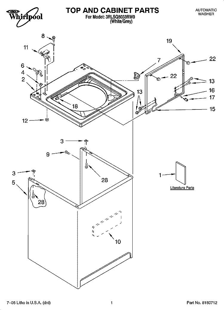 TOP AND CABINET PARTS Diagram and Parts List for 3RLSQ8033RW0  Whirlpool Washer