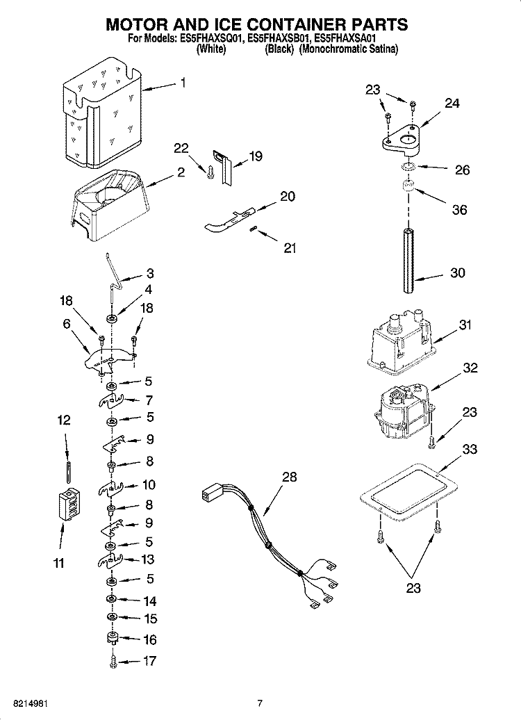 MOTOR AND ICE CONTAINER PARTS Diagram and Parts List for ES5FHAXSQ01  Whirlpool Refrigerator