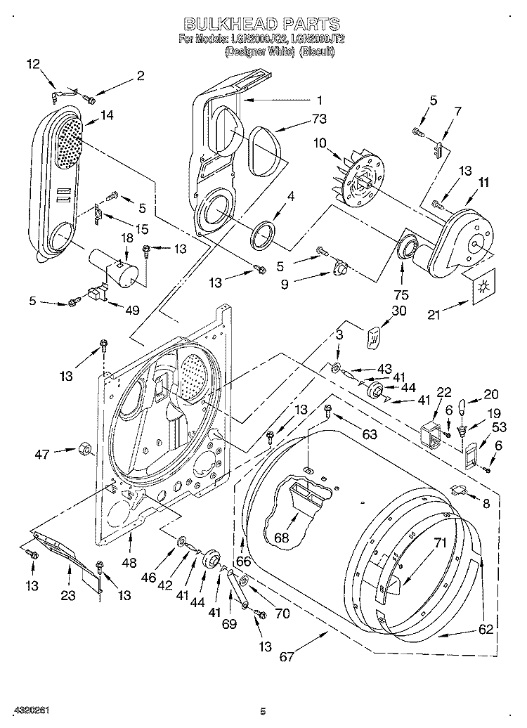 BULKHEAD Diagram and Parts List for LGN2000JQ2  Whirlpool Dryer