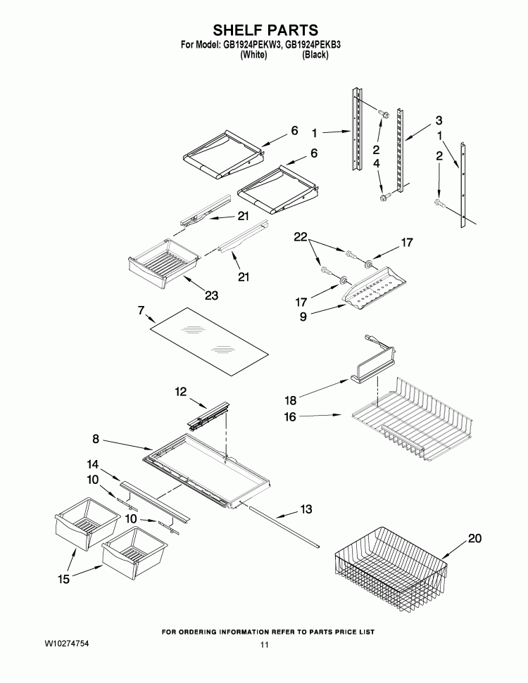 SHELF PARTS Diagram and Parts List for GB1924PEKB3  Whirlpool Refrigerator