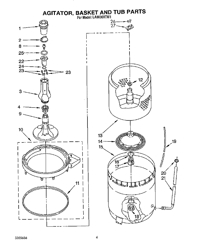 AGITATOR, BASKET AND TUB Diagram and Parts List for LA8800XTM1  Whirlpool Washer