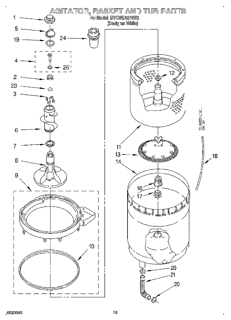 AGITATOR, BASKET AND TUB Diagram and Parts List for BYCWD6274W2  Crosley Washer Dryer Combo