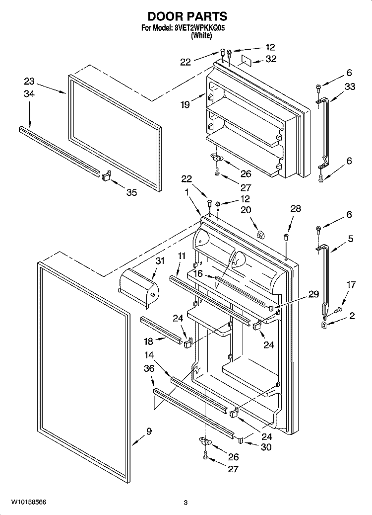 DOOR PARTS Diagram and Parts List for 8VET2WPKKQ05  Whirlpool Refrigerator