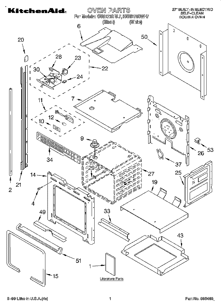 OVEN, LITERATURE Diagram and Parts List for KEBI276DBL7  KitchenAid Wall Oven