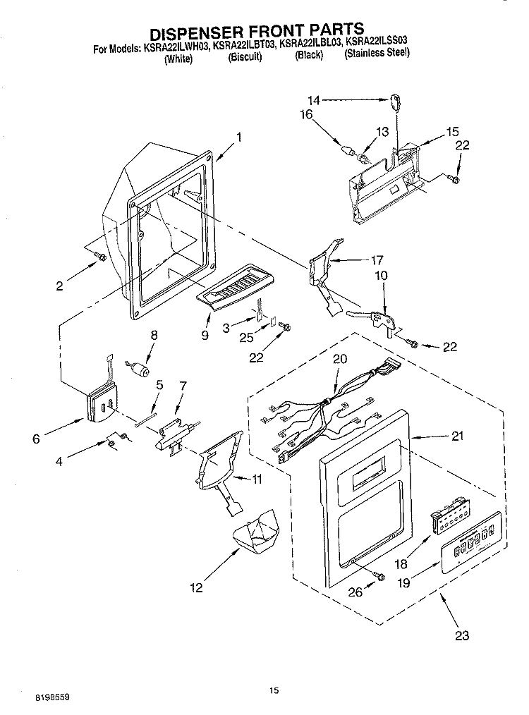 DISPENSER FRONT PARTS Diagram and Parts List for KSRA22ILBL03  KitchenAid Refrigerator