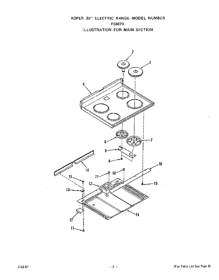 MAIN Diagram and Parts List for F5807W0  Roper Range