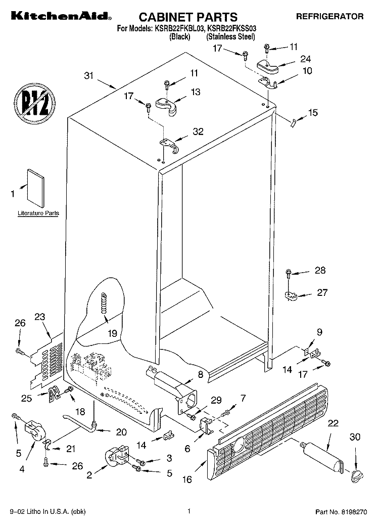 CABINET PARTS Diagram and Parts List for KSRB22FKSS03  KitchenAid Refrigerator