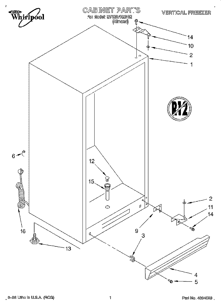 CABINET Diagram and Parts List for EV120FXEN02  Whirlpool Freezer