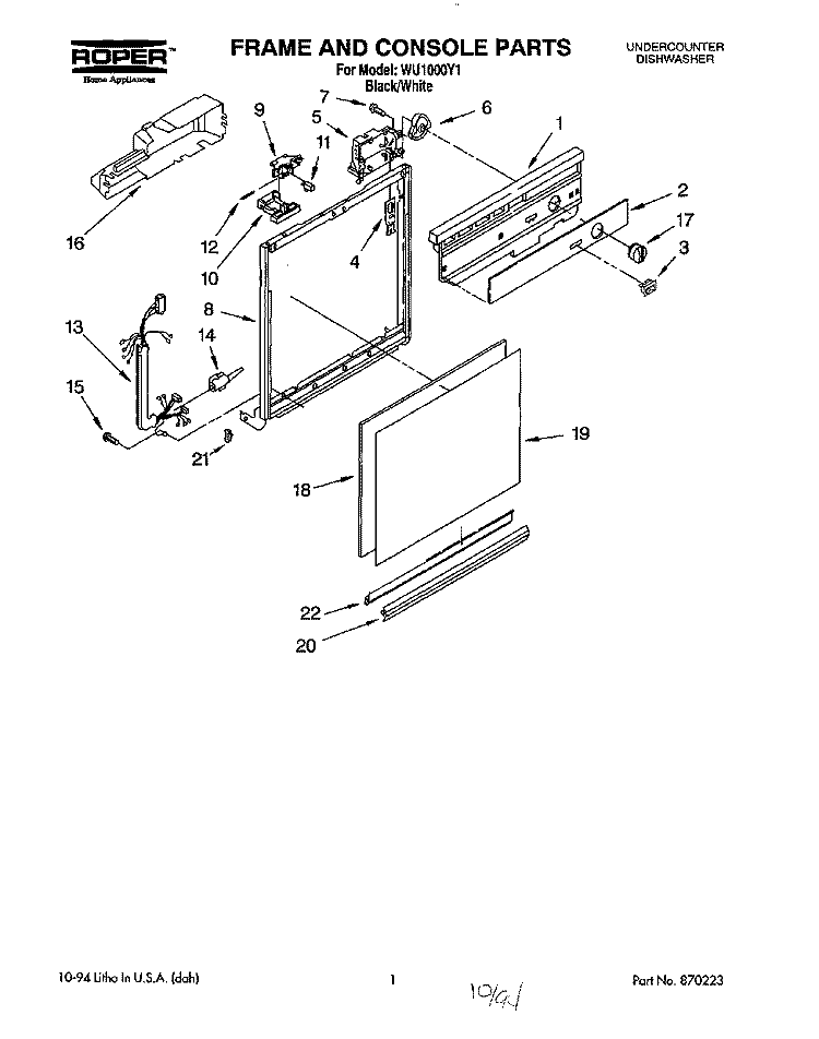 FRAME AND CONSOLE Diagram and Parts List for WU1000Y1  Roper Dishwasher