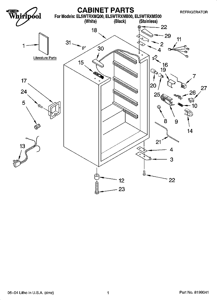 CABINET PARTS Diagram and Parts List for EL5WTRXMQ00  Whirlpool Refrigerator