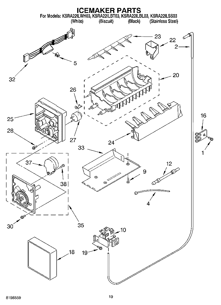 ICEMAKER PARTS Diagram and Parts List for KSRA22ILBL03  KitchenAid Refrigerator