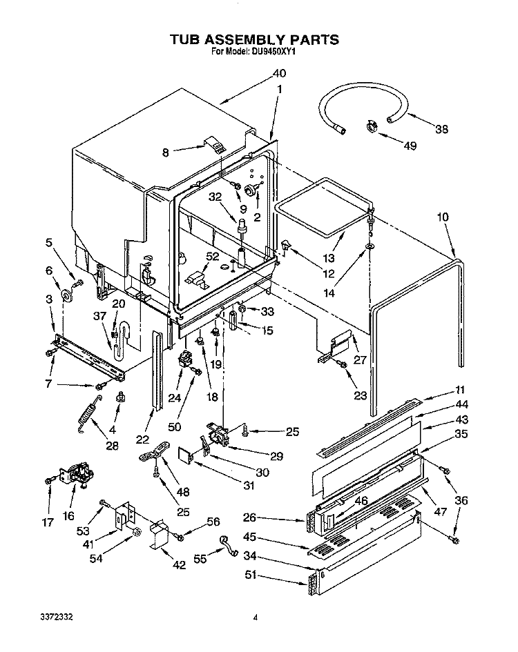 TUB Diagram and Parts List for DU9450XY1  Whirlpool Dishwasher