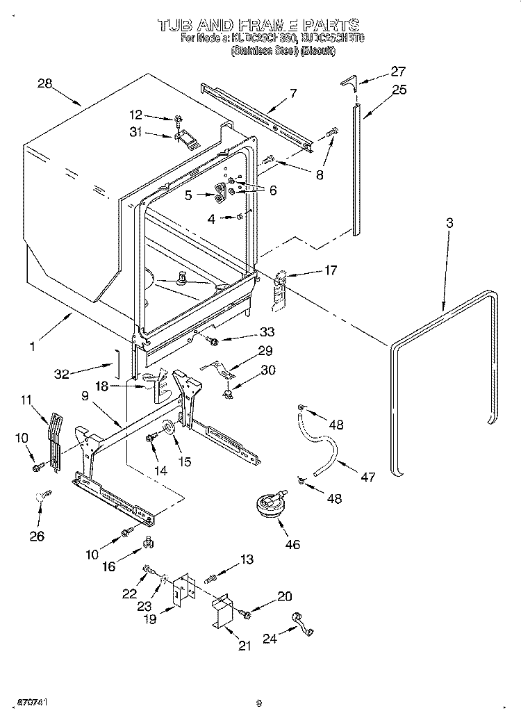 TUB AND FRAME Diagram and Parts List for KUDC25CHSS0  KitchenAid Dishwasher