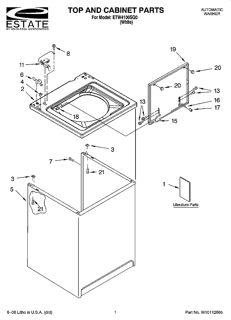 TOP AND CABINET PARTS Diagram and Parts List for ETW4100SQ0  Estate Washer