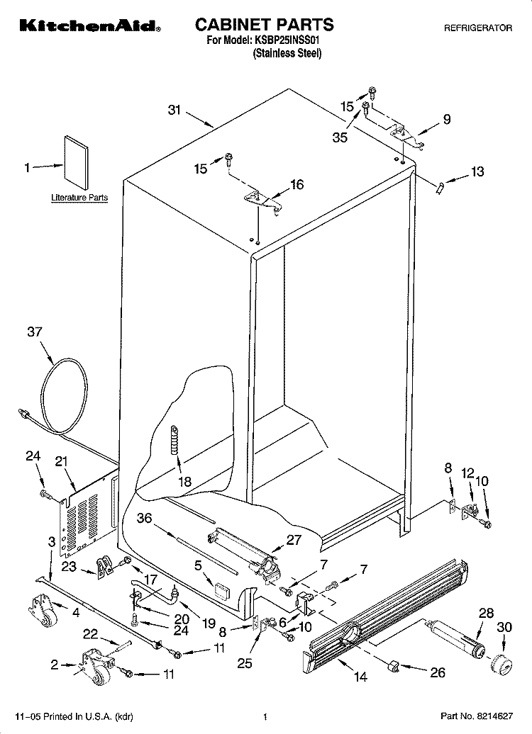 CABINET PARTS Diagram and Parts List for KSBP25INSS01  KitchenAid Refrigerator