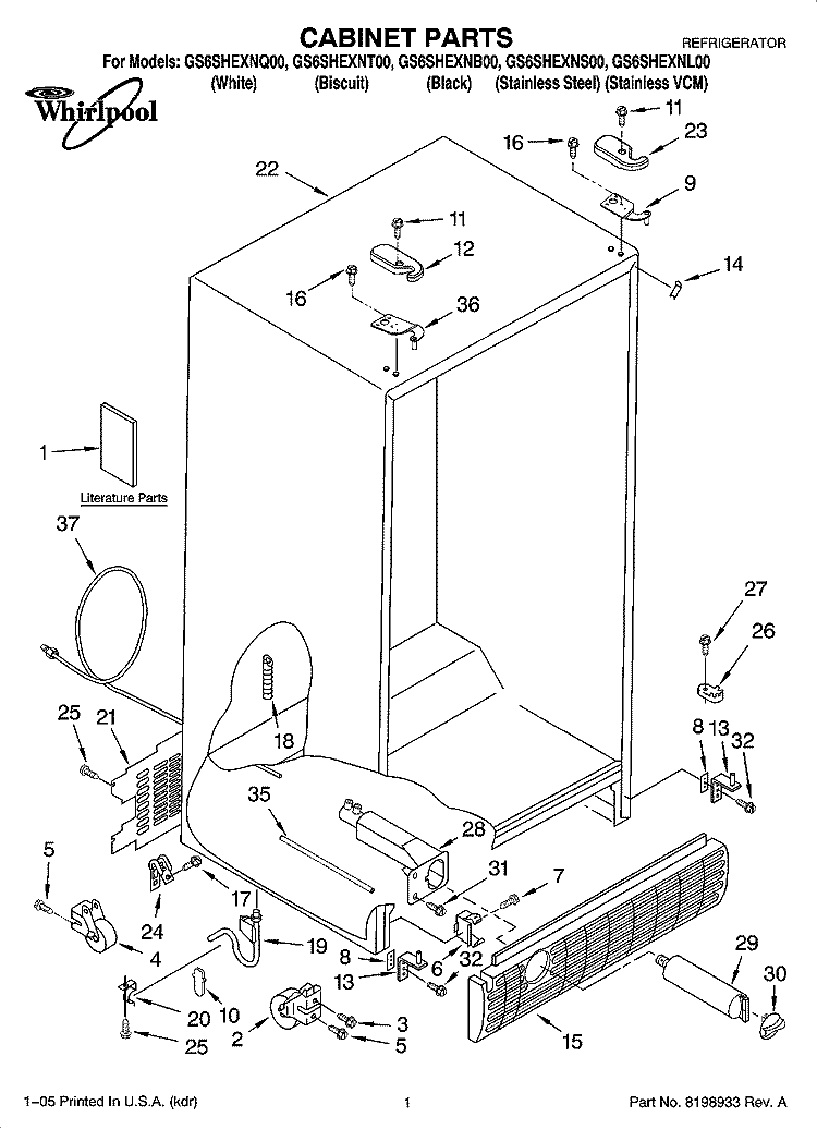 CABINET PARTS Diagram and Parts List for GS6SHEXNB00  Whirlpool Refrigerator
