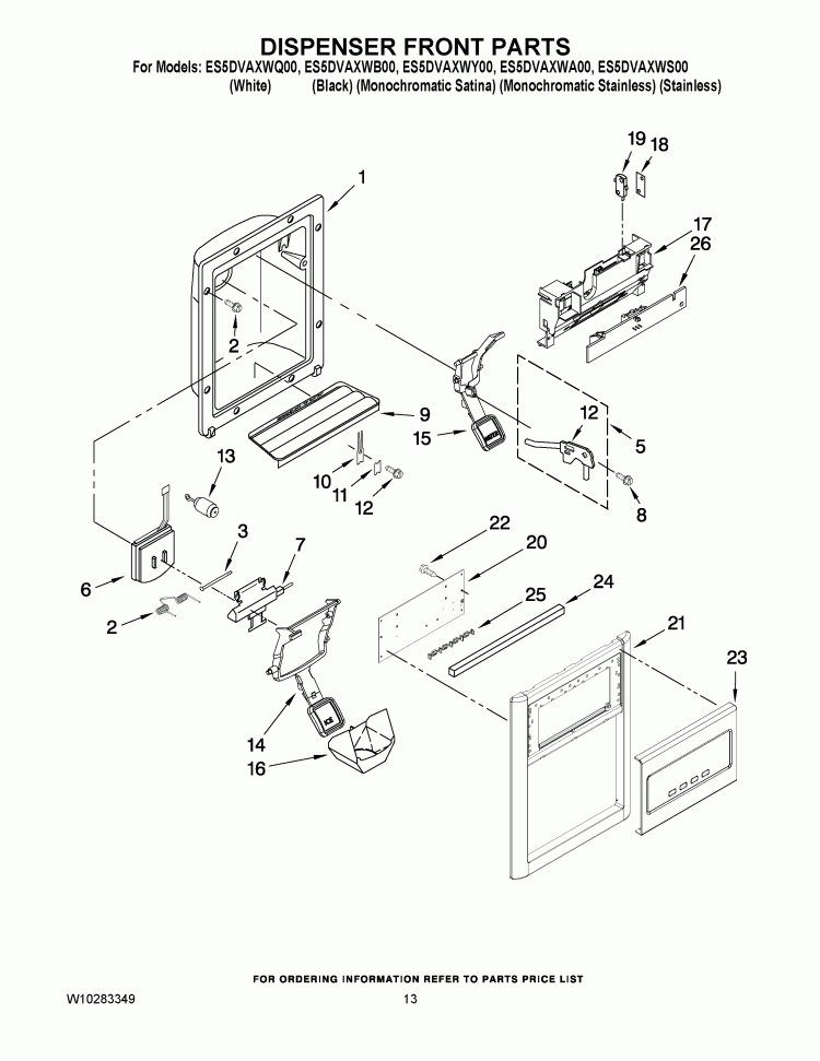 DISPENSER FRONT PARTS Diagram and Parts List for ES5DVAXWA00  Whirlpool Refrigerator