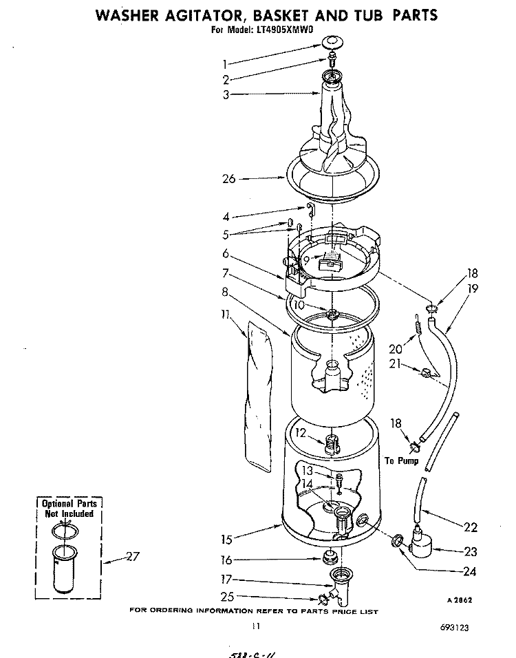 WASHER AGITATOR, BASKET AND TUB Diagram and Parts List for LT4905XMW0  Whirlpool Washer Dryer Combo