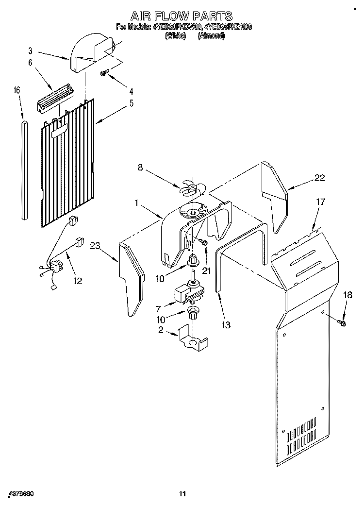 AIR FLOW Diagram and Parts List for 4YED20PKBN00  Whirlpool Refrigerator