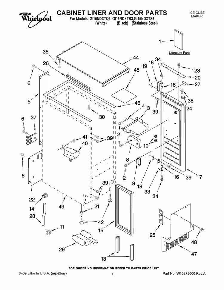CABINET LINER AND DOOR PARTS Diagram and Parts List for GI15NDXTB3  Whirlpool Ice Maker
