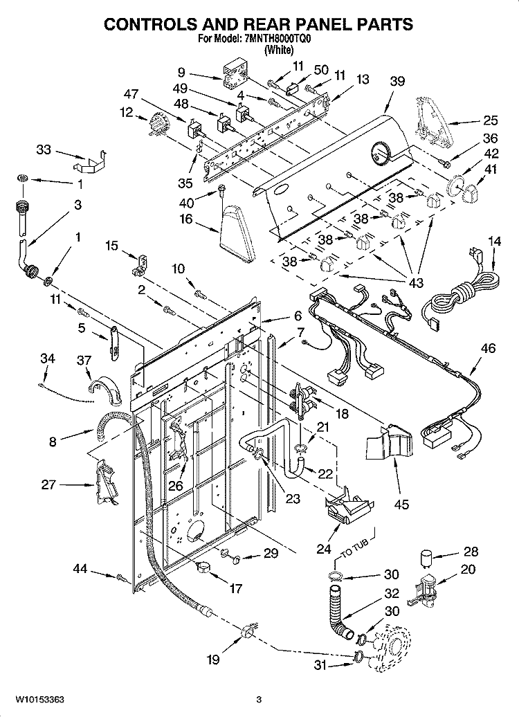 CONTROLS AND REAR PANEL PARTS Diagram and Parts List for 7MNTH8000TQ0  Whirlpool Washer