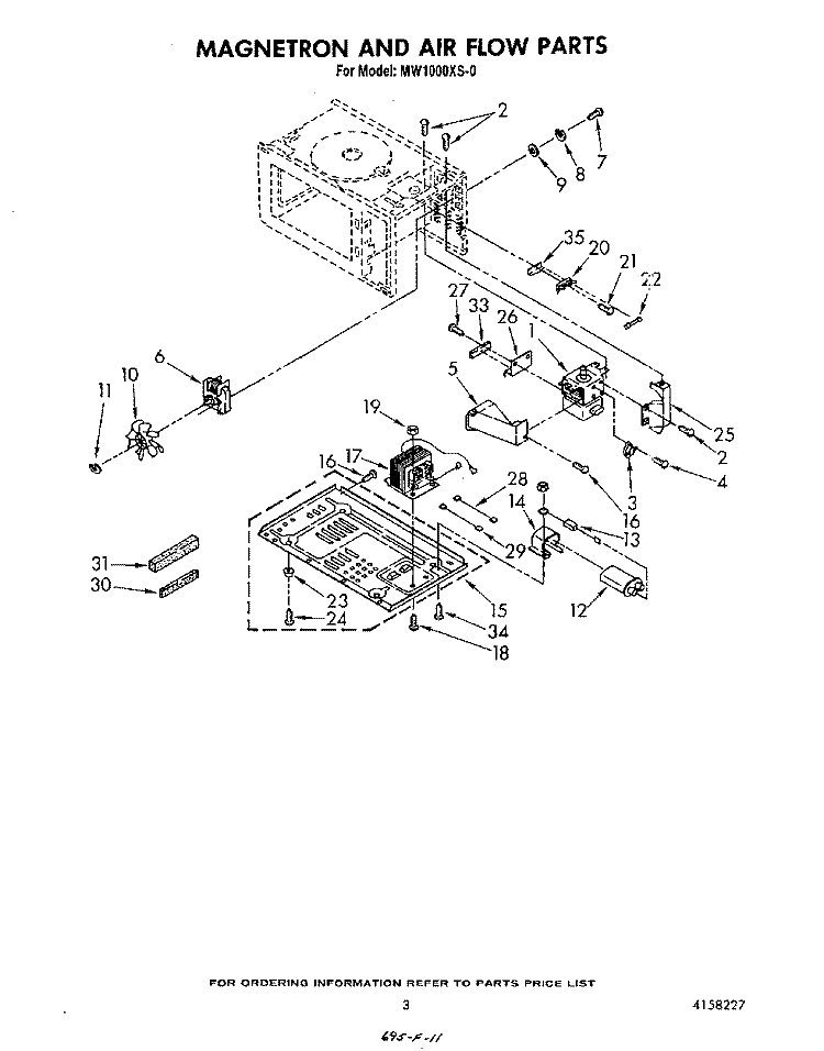 MAGNETRON AND AIRFLOW Diagram and Parts List for MW1000XS0  Whirlpool Microwave