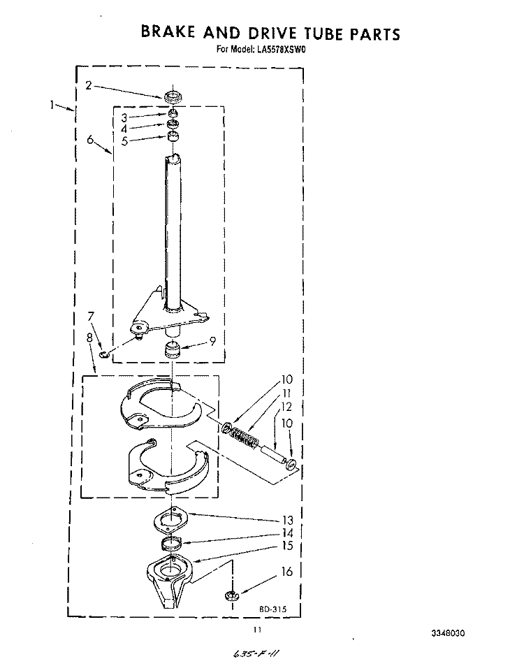 BRAKE AND DRIVE TUBE Diagram and Parts List for LA5578XSW0  Whirlpool Washer