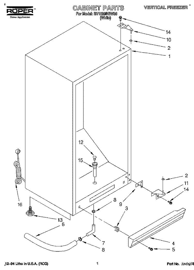 CABINET Diagram and Parts List for RV1599RBW00  Roper Freezer