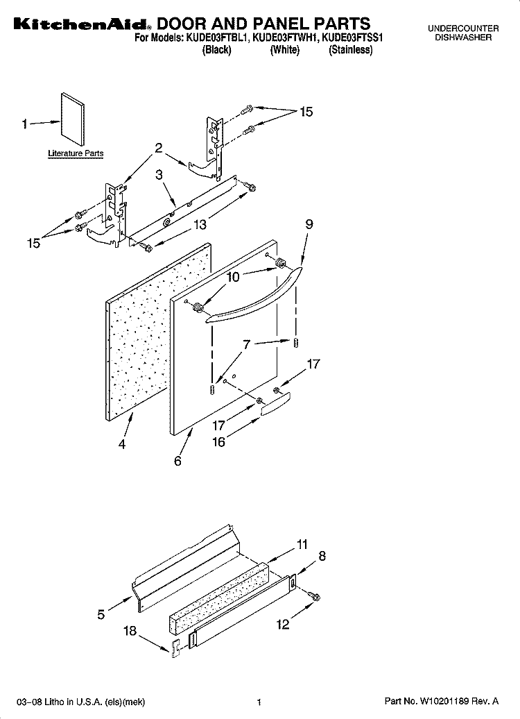 DOOR AND PANEL PARTS Diagram and Parts List for KUDE03FTBL1  KitchenAid Dishwasher