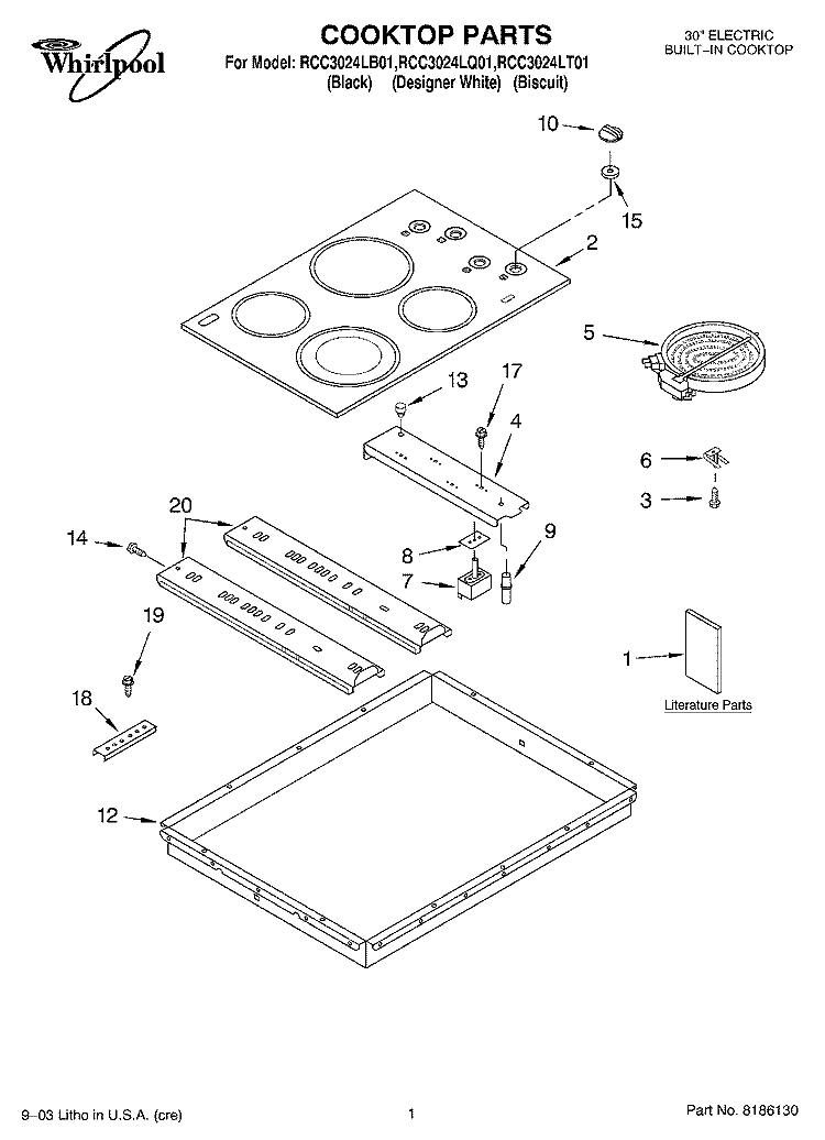 COOKTOP PARTS Diagram and Parts List for RCC3024LQ01  Whirlpool Cooktop