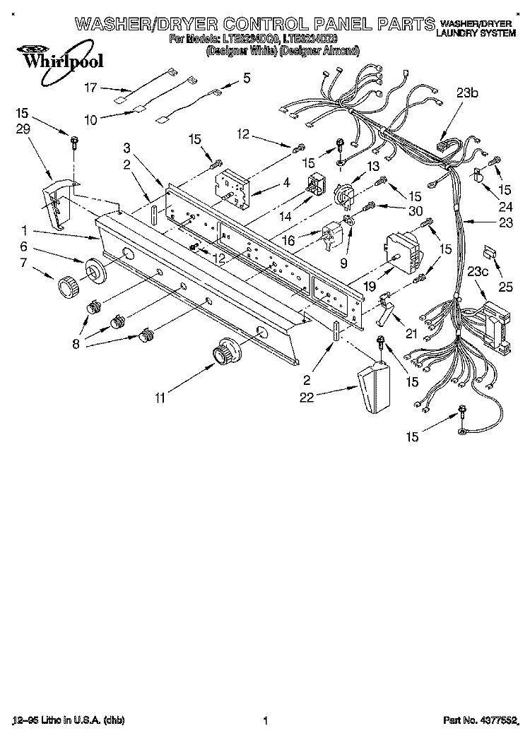 WASHER/DRYER CONTROL PANEL Diagram and Parts List for LTE6234DQ0  Whirlpool Washer Dryer Combo