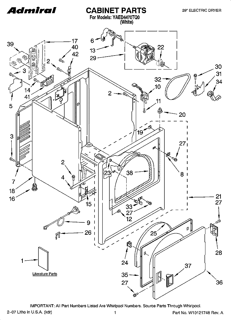 CABINET PARTS Diagram and Parts List for YAED4470TQ0  Admiral Dryer