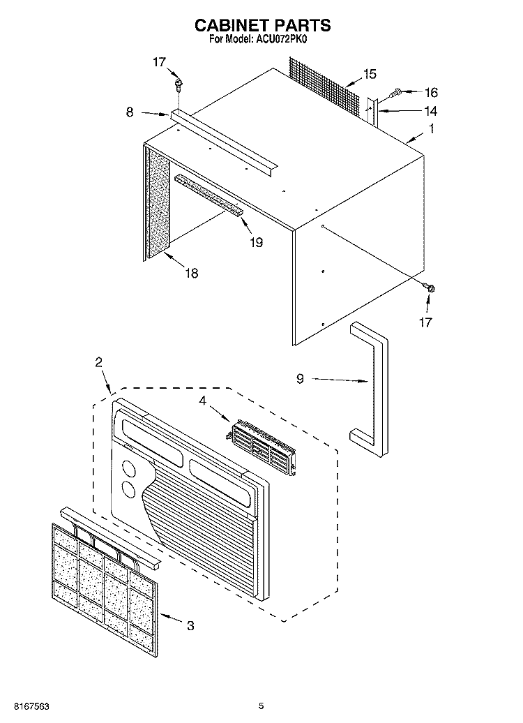 CABINET PARTS Diagram and Parts List for ACU072PK0  Whirlpool Air Conditioner