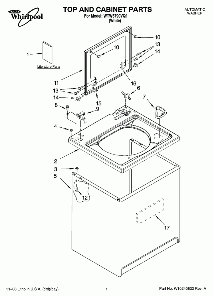 TOP AND CABINET PARTS Diagram and Parts List for WTW5790VQ1  Whirlpool Washer