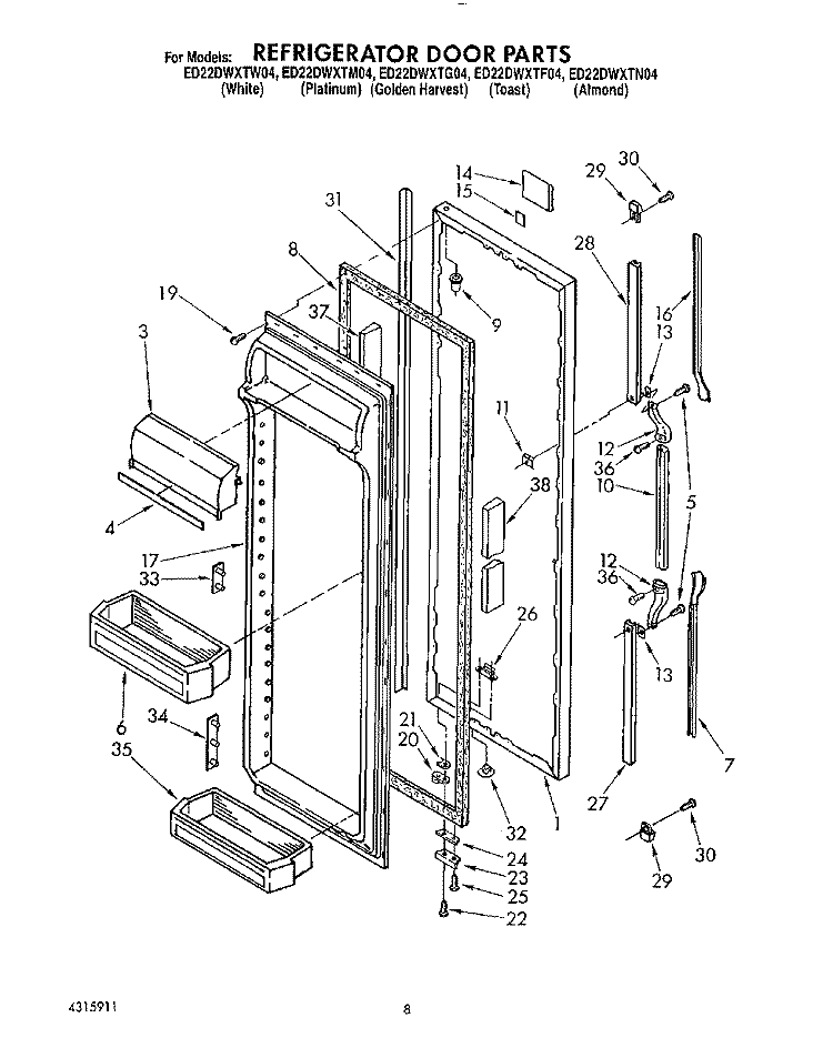 REFRIGERATOR DOOR Diagram and Parts List for ED22DWXTG04  Whirlpool Refrigerator