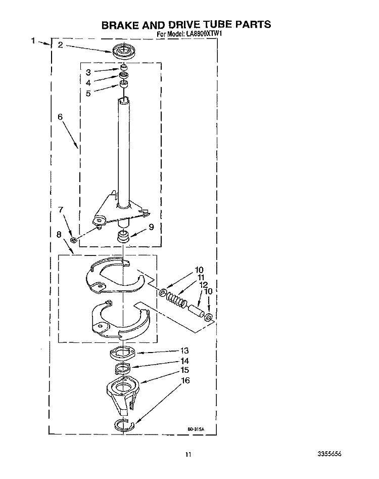BRAKE AND DRIVE TUBE Diagram and Parts List for LA8800XTM1  Whirlpool Washer
