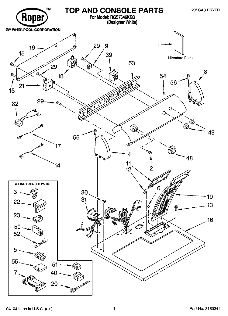 TOP AND CONSOLE PARTS Diagram and Parts List for RGS7646KQ3  Roper Dryer