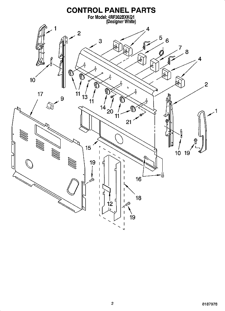 CONTROL PANEL PARTS Diagram and Parts List for 4RF302BXKQ1  Whirlpool Range